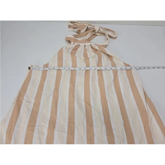 STAUD Marlowe Striped Dress Halter Tie Neck Midi Dress Tan White Size L Womens - Picture 7 of 10